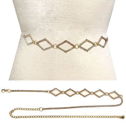 Stone Paved Open Diamond Link Pointed Rhinestone Chain Waist Belt