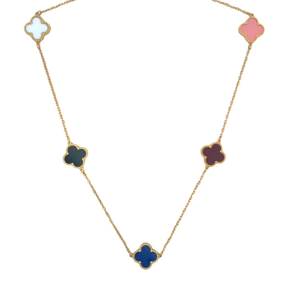 Five Multi Colour Four Leaf Clover Necklace, 18K Gold Plated