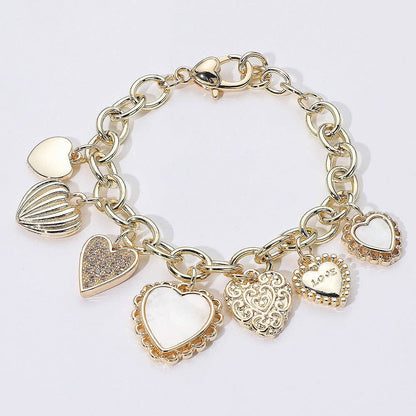 14K Gold Plated CZ Mother of Pearl Heart Charm Bracelet