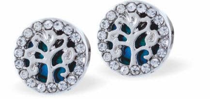 Paua Shell Tree of Life Round Stud Earrings with crystal