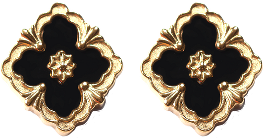 Gold Plated and Black Four Leaf Clover Stud Earrings