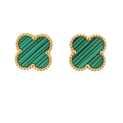 Green Four Leaf Clover Stud Earrings, 18K Gold Plated