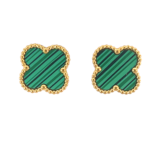 Green Four Leaf Clover Stud Earrings, 18K Gold Plated
