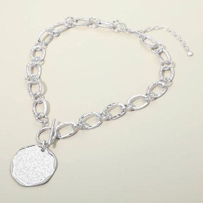 Textured Disc Pendant Chunky Link Chain Necklace