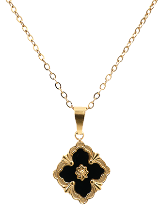 Gold Plated Framed Black Coloured Four Leaf Clover Necklace