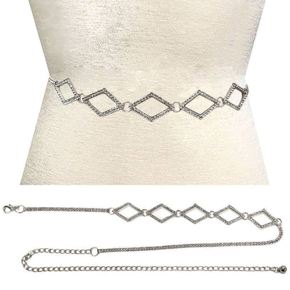Stone Paved Open Diamond Link Pointed Rhinestone Chain Waist Belt