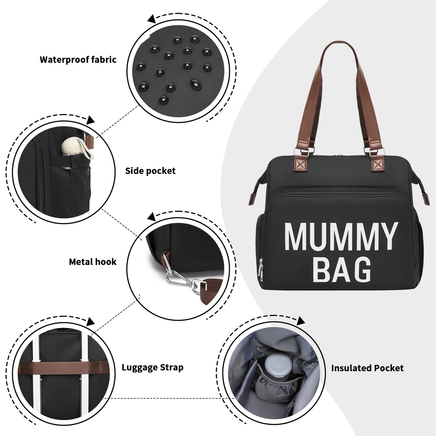 BCK2503 - Kono Large Nappy Changing Tote Bag with Shoe Compartment, Insulated Pockets & Waterproof Zip Pocket - Black