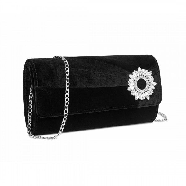 CLM2457 - Miss Lulu Elegant Velvet Evening Clutch with Crystal Ring & Detachable Chain Strap - Versatile Shoulder or Handheld Bag - Purple