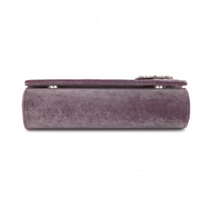 CLM2457 - Miss Lulu Elegant Velvet Evening Clutch with Crystal Ring & Detachable Chain Strap - Versatile Shoulder or Handheld Bag - Purple