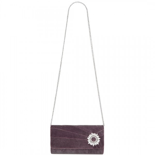 CLM2457 - Miss Lulu Elegant Velvet Evening Clutch with Crystal Ring & Detachable Chain Strap - Versatile Shoulder or Handheld Bag - Purple