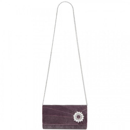 CLM2457 - Miss Lulu Elegant Velvet Evening Clutch with Crystal Ring & Detachable Chain Strap - Versatile Shoulder or Handheld Bag - Purple