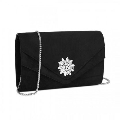 CLM2458 - Miss Lulu Elegant Faux Suede Evening Clutch with Crystal Flower & Detachable Chain Strap - Black