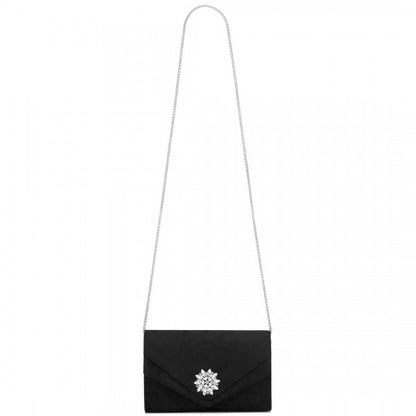 CLM2458 - Miss Lulu Elegant Faux Suede Evening Clutch with Crystal Flower & Detachable Chain Strap - Black