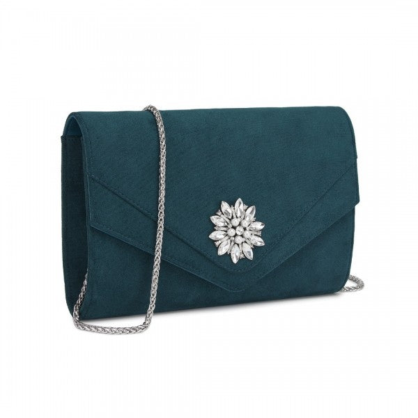 CLM2458 - Miss Lulu Elegant Faux Suede Evening Clutch with Crystal Flower & Detachable Chain Strap - Black