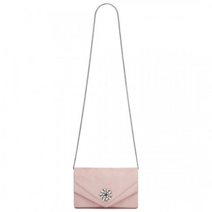 CLM2458 - Miss Lulu Elegant Faux Suede Evening Clutch with Crystal Flower & Detachable Chain Strap - Black