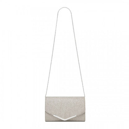 CLM2459 - Miss Lulu Women's Glitter Envelope Clutch with V-Metal Trim & Detachable Chain Strap - Gold