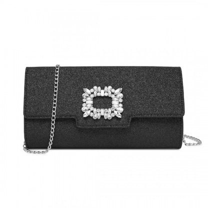 CLM2461 - Miss Lulu Glitter Evening Clutch with Crystal Embellishment & Detachable Chain Strap - Elegant Crossbody or Handheld Bag