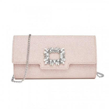 CLM2461 - Miss Lulu Glitter Evening Clutch with Crystal Embellishment & Detachable Chain Strap - Elegant Crossbody or Handheld Bag