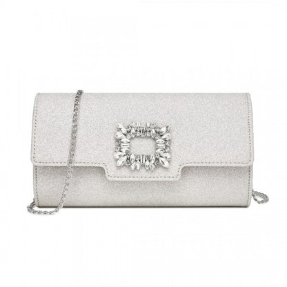 CLM2461 - Miss Lulu Glitter Evening Clutch with Crystal Embellishment & Detachable Chain Strap - Elegant Crossbody or Handheld Bag