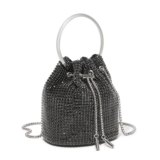 CLS2510 - Women's Rhinestone Evening Bag – Sparkly Handbag with Metal Ring Handle and Chain Crossbody Strap - Black