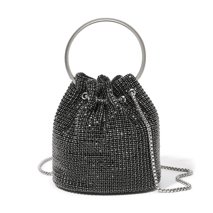 CLS2510 - Women's Rhinestone Evening Bag – Sparkly Handbag with Metal Ring Handle and Chain Crossbody Strap - Black