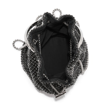 CLS2510 - Women's Rhinestone Evening Bag – Sparkly Handbag with Metal Ring Handle and Chain Crossbody Strap - Black