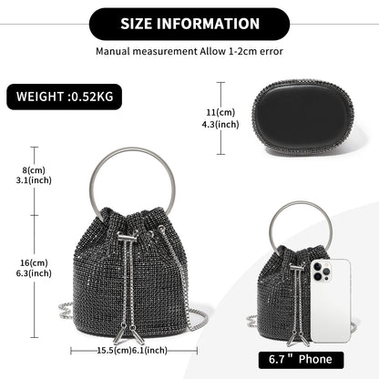 CLS2510 - Women's Rhinestone Evening Bag – Sparkly Handbag with Metal Ring Handle and Chain Crossbody Strap - Black