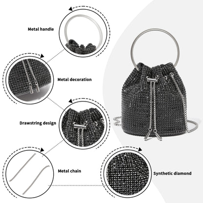 CLS2510 - Women's Rhinestone Evening Bag – Sparkly Handbag with Metal Ring Handle and Chain Crossbody Strap - Black