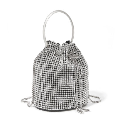 CLS2510 - Women's Rhinestone Evening Bag – Sparkly Handbag with Metal Ring Handle and Chain Crossbody Strap - Silver
