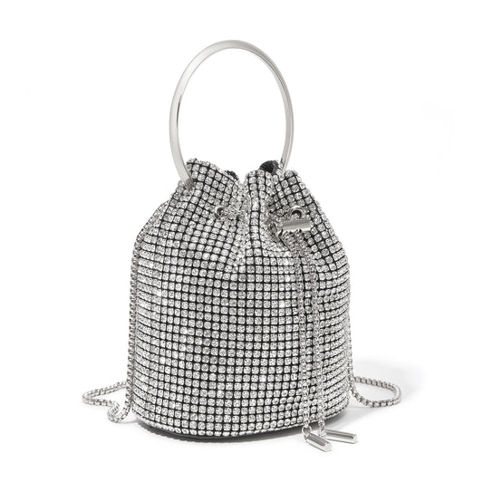 CLS2510 - Women's Rhinestone Evening Bag – Sparkly Handbag with Metal Ring Handle and Chain Crossbody Strap - Silver