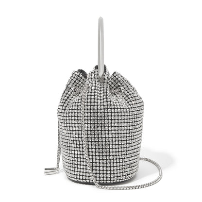 CLS2510 - Women's Rhinestone Evening Bag – Sparkly Handbag with Metal Ring Handle and Chain Crossbody Strap - Silver