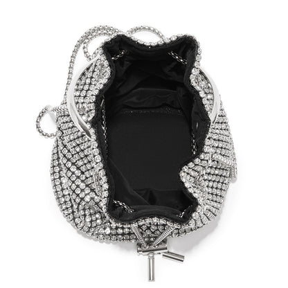 CLS2510 - Women's Rhinestone Evening Bag – Sparkly Handbag with Metal Ring Handle and Chain Crossbody Strap - Silver