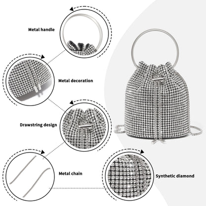 CLS2510 - Women's Rhinestone Evening Bag – Sparkly Handbag with Metal Ring Handle and Chain Crossbody Strap - Silver