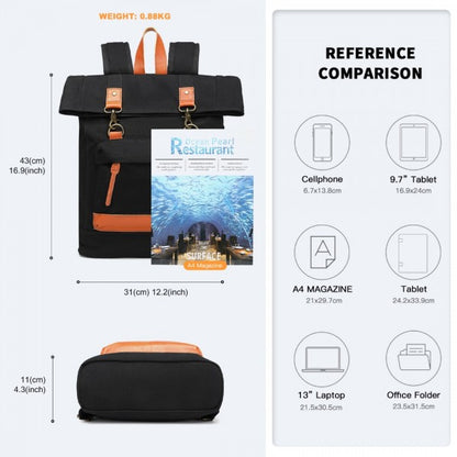EB2303 - Kono Large Capacity Canvas Casual Travel Backpack - Black