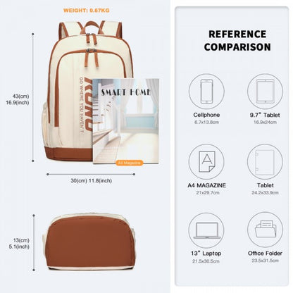 EB2325 - Kono Contrasting Colors Waterproof Casual Backpack With Laptop Compartment - Beig