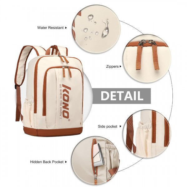 EB2325 - Kono Contrasting Colors Waterproof Casual Backpack With Laptop Compartment - Beig