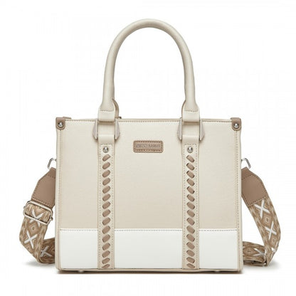 HBM2462 - Miss Lulu PU Leather Graceful Spacious Tote Bag with Woven Trim and Detachable Ethnic Strap - Khaki