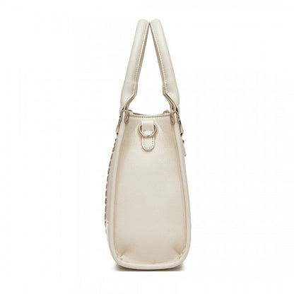 HBM2462 - Miss Lulu PU Leather Graceful Spacious Tote Bag with Woven Trim and Detachable Ethnic Strap - Khaki
