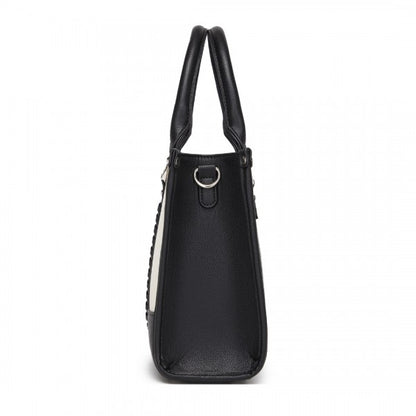 HBM2462 - Miss Lulu PU Leather Graceful Spacious Tote Bag with Woven Trim and Detachable Ethnic Strap - Khaki