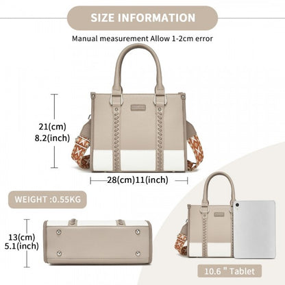 HBM2462 - Miss Lulu PU Leather Graceful Spacious Tote Bag with Woven Trim and Detachable Ethnic Strap - Khaki
