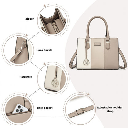 HBM2463 - MISS LULU PU Leather Three-Tone Stitched Shoulder Handbag - Stylish Daily Bag with Adjustable Strap - Khaki