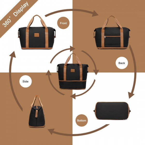 K1871-1L+EA2212 - Kono ABS 4 Wheel Suitcase Set With Vanity Case And Weekend Bag And Toiletry Bag - Black And Brown