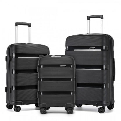 KSK2492 - Kono 3-Piece PP Hardshell Luggage Set–Durable Travel Suitcases with TSA Lock, 360° Spinner Wheels - Black