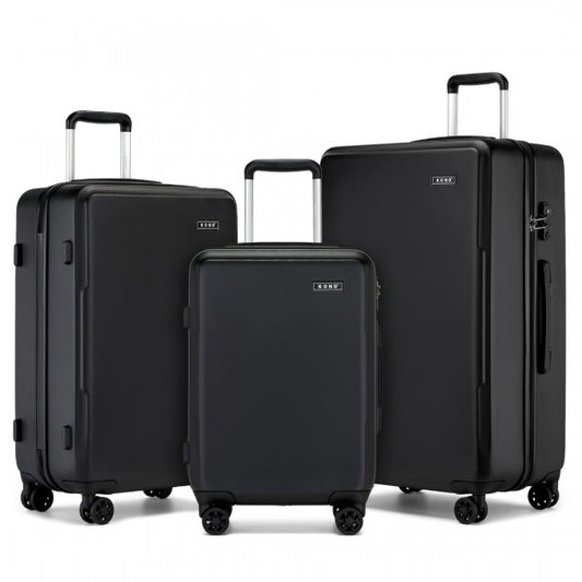 KSK2494 - Kono 3-Piece Minimalist Hard Shell ABS+PC Luggage Set with TSA Lock and 360° Spinner Wheels - Black