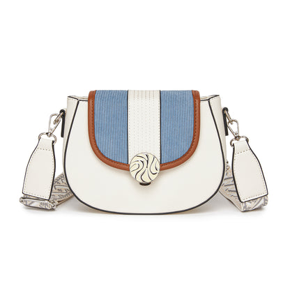 MSM2506 - Miss Lulu Women’s PU Leather Ethnic Style Crossbody Bag with Corduroy Flap and Adjustable Strap - Blue and Beige
