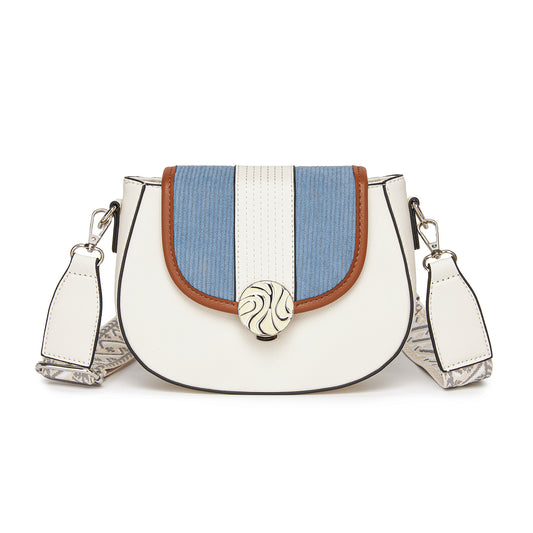 MSM2506 - Miss Lulu Women’s PU Leather Ethnic Style Crossbody Bag with Corduroy Flap and Adjustable Strap - Blue and Beige
