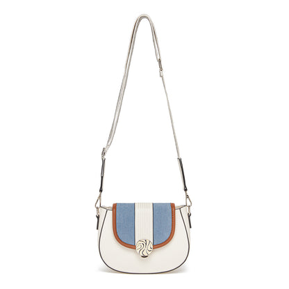 MSM2506 - Miss Lulu Women’s PU Leather Ethnic Style Crossbody Bag with Corduroy Flap and Adjustable Strap - Blue and Beige