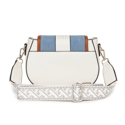 MSM2506 - Miss Lulu Women’s PU Leather Ethnic Style Crossbody Bag with Corduroy Flap and Adjustable Strap - Blue and Beige