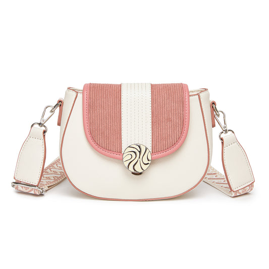 MSM2506 - Miss Lulu Women’s PU Leather Ethnic Style Crossbody Bag with Corduroy Flap and Adjustable Strap - Pink and Beige