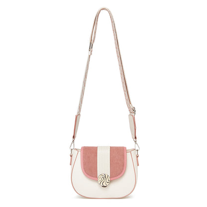 MSM2506 - Miss Lulu Women’s PU Leather Ethnic Style Crossbody Bag with Corduroy Flap and Adjustable Strap - Pink and Beige